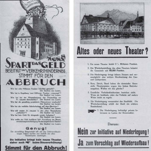 Nach dem Brand war die Zukunft des Theaters ungewiss. Eine Volksinitiative verlangte den Abbruch. Am 28. Juni 1925 entschieden die Stimmbürger der Stadt Luzern aber für den Wiederaufbau.